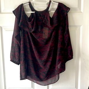 Black and burgundy sheer floral top w shoulder cutout and long sleeves